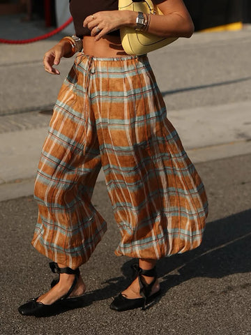 Women Checkered Lace Up Bloomers High Waisted Pants | Street Loose Outerwear