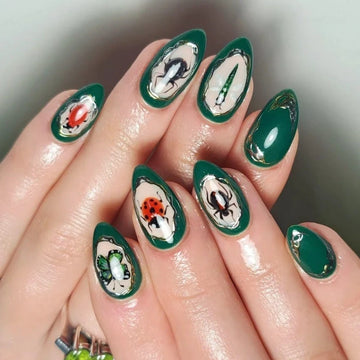 Green Forest Insect Style Wearable Nail Tips | Butterfly And Ladybug Nails | False Nail Stick on Natural Wear