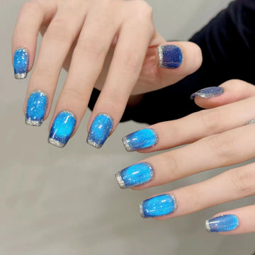10 Bright Blue Cat Eye Nails | Sea Bubble Decor Glitter French Fake Nails | Nail Art