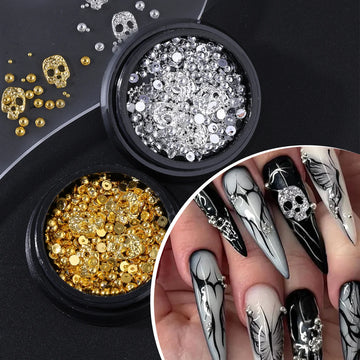 Alloy Halloween Design Nail Art | Charms Punk Gold Silver Half Round Beads Skull Jewelry Pearl Decor Accessories