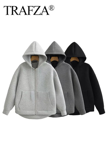 TRAFZA Women's Zipper Hoodie | New Women's Street Double Pockets Jakcet