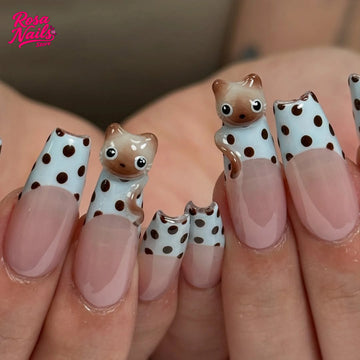 3D Polka Dots Nails | Press on Nails Handmade Kitties Nail Art | Hand Sculpted Long Coffin