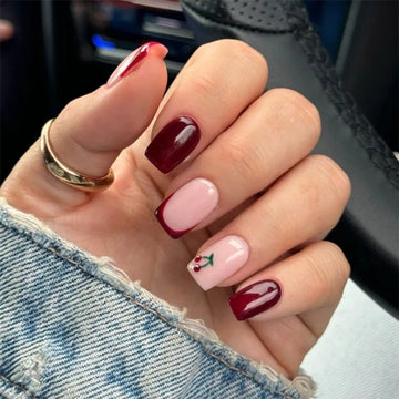 24 Cherry Nails French Tip | Short Square Nails Cherry-shaped Press-on Full-coverage Nail Stickers