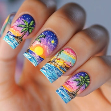 24PCS Summer Square earth tone nails Designs