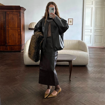 Leather Jacket Skirt Set | Stand Collar Loose Coat Low Waist Solid Long Skirt Autumn Coats Skirt Sets