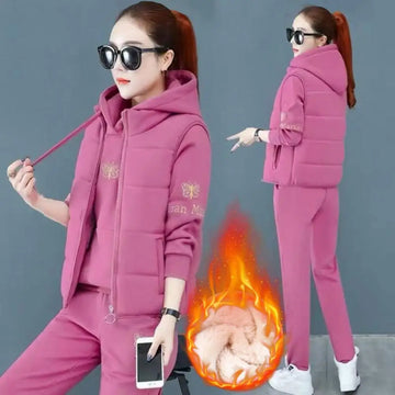 New Women's Casualplush Sweat Suit | Thickened Hooded Tops Waistcoat Pants 3 Three Piece Set