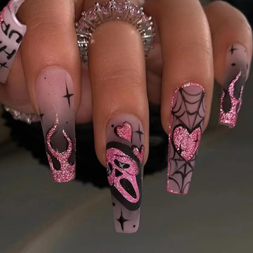 24pcs glitter pink summer nails | Halloween Scary Skull Love Print False Nails