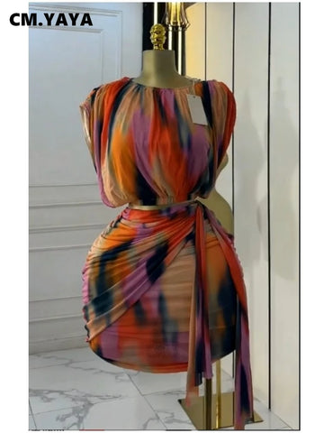 CM.YAYA Tie Dye Printed Women's Set | Ruched Short Sleeve T-Shirt Tops and Stacked Mini Skirts