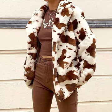Cow Print Coat Women'S Winter Plush Lapels Long Sleeve Coat
