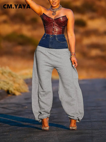 CM.YAYA Fashion Women Denim Patchwork High Waist Jogger Pants | Feminine streetwear