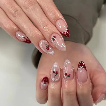 24 Cherry Red False Nails | Fake Nails Wearable Full Cover Korean Style Almond Press on Nails