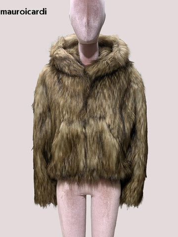 Short Thick Winter Outfits | Shaggy Faux Fox Fur Coat Women with Hood Luxury Designer Clothes