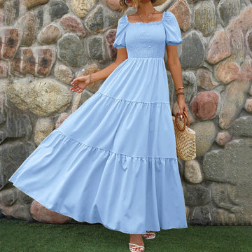 Puff Sleeve High Waist Square Neck Summer Party Dress