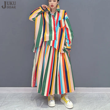 Aesthetic Korean Skirt Outfit | Korean Style Multicolor Striped Loose Fit Woman Casual Two Piece Set
