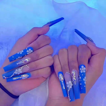 24 Blue Flower Press On Nails | Small Flower Press on Nail Stickers | Removable False Nail Pieces