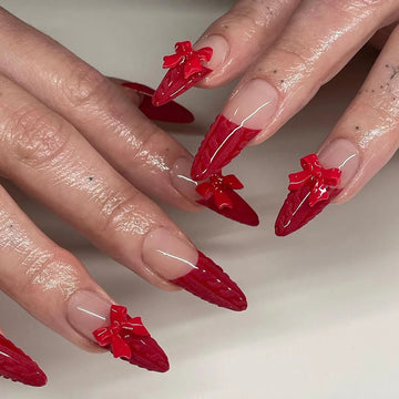24 Red French Nails | Bow 3D Red Bowknot Design Almond False Nail | Press on Nails for Girls