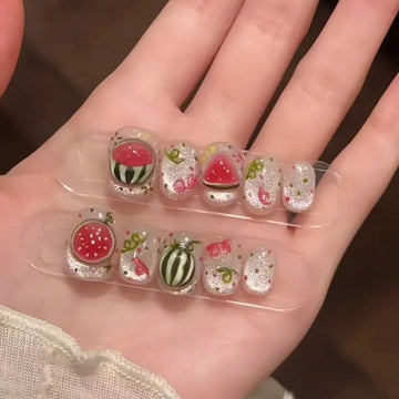 10 Pieces Summer Cold Watermelon Press On Nails | Cute Fresh Translucent Short False Nails