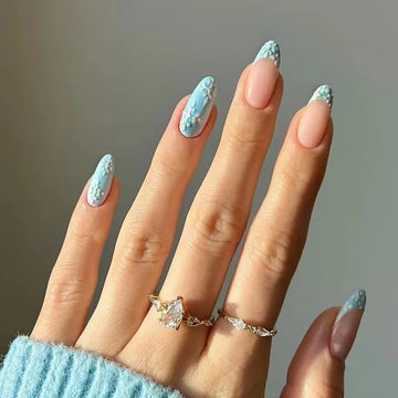 24 Christmas Fake Nails Short | Mint Blue Snowflake Manicure | False Nail
