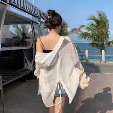 Thin Long Sleeve Sunscreen Shirt | Woman Back Split dress | Lace Up White Shirts