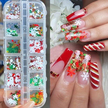 12 Grid glitter xmas nails ideas | Mixed Hexagon Star Snowflake Christmas Tree Circle Nail