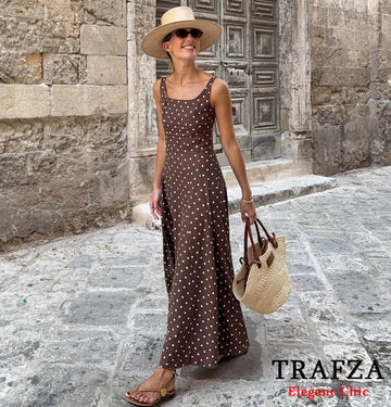 TRAFZA Vintage Casual Polka Dot Dress | Brown Women's Slim Long Dress | Long Fall Outfits
