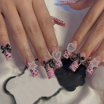 24Pcs French False Nails Pink Zebra Pattern Full Cover