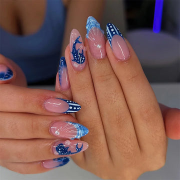 24 Medium Almond Nails Inspo | Press on Marine Shark Design Fake Nail | 3D Shell Pattern