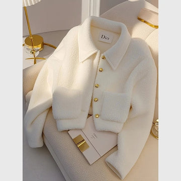 White lambswool coat women's | new one-piece padded warm high-grade jacket long sleeves