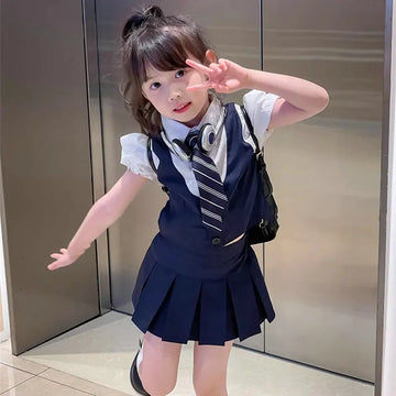 Cute Middle School Outfits | Two piece Short sleeved Top+Tie+Pleated Skirt 3Pcs | Summer New School Outfits