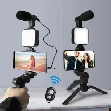 Smartphone Vlogging Kit With Tripod | Phone Holder Mini Microphone LED Fill Light Starter