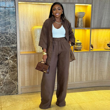 Trending Two Piece Outfits For Ladies | Summer Loose Oversize Long Sleeve Shirt Long Pants