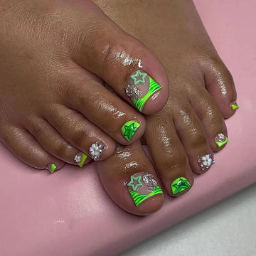 24pcs Pinterest Toe Nail Designs with Star Rhinestone Design | False Toe Nail French Press