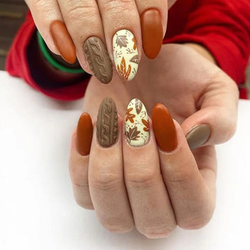 24 Fall Press on Nails | Short Almond Fake Nails | Acrylic Nails with Fall Leaf Design