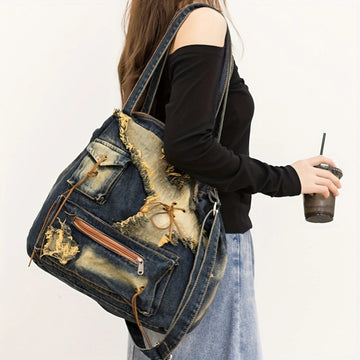 Y2K Star Vintage Denim Shoulder Bag - Trendy Drawstring Tote Handbag for Women
