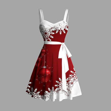 Elegant Christmas Party Dresses | Sweetheart Neck Snowflake Bell Contrast Print Dress