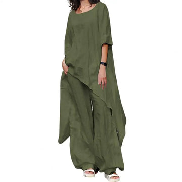 Women Summer set | Two-Piece Set Women Outfit Shirts Pants | Cotton Linen Solid Color Wide Leg Trousers
