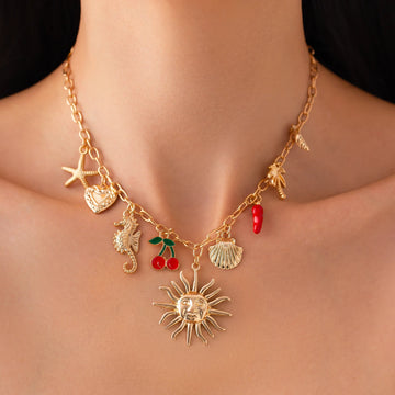 SHIXIN Classic Starfish Coconut Tree Conch Sun Pendant Necklace for Women | DIY Christmas Gifts