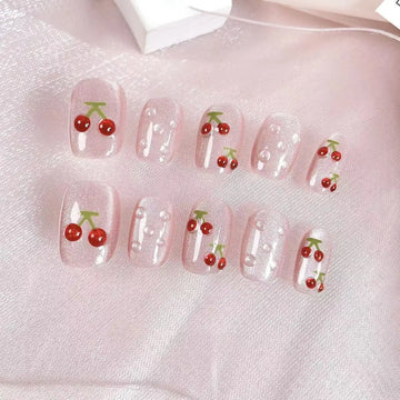 10 Cat Eye Cherry Nails | HandPainted Pattern Fairy All Match False Nail for Women