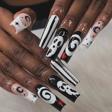 24 Coffin Halloween Nails | Long Ballet Coffin Black French Press on Nails