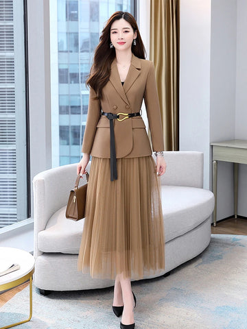 Layered Fall Fashion Outfits | Spring Blazer Two Piece Set Women Lapel Long Sleeve Double Breasted Blazer+High Waist Pleated Layers Mesh Skirt Female Outfit