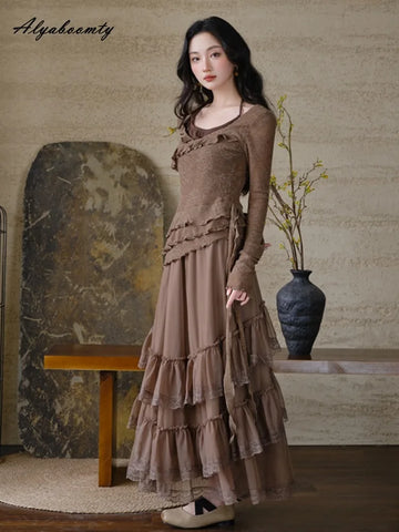 Autumn Outfits | Autumn Spring Women 2 Pcs Set Halter Knitted Top+Midi Layered Ruffles Mesh Skirt