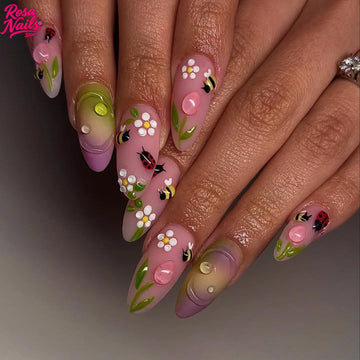 10 Garden Ladybug Nail | Handmade Press on Nails | Almond Summer Garden Ladybug Nail