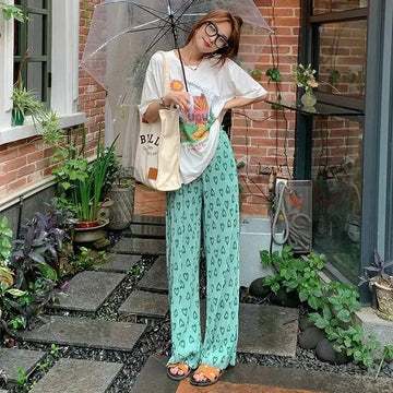 Casual Pants For Ladies | Green Love Printing Casual Pants for Women's New High Waist Pants