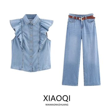 Women's Denim Set Women | High Waist Long Pants Layered Design Faion Set