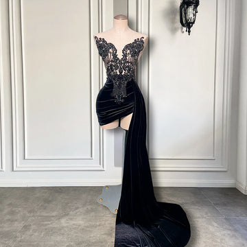New Arrival Black Homecoming Dresses | Black Velvet Short Prom Dresses With Side Train