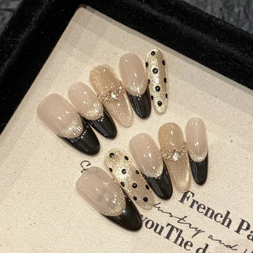 10 Almond Cat Eye Nails | Handmade Fake Nails | Diamond Polka Dot Press on Nails | Bow French Nail