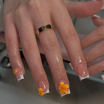 24 Short Square Head Fake Nails | 3d Flower Design Nails | Detachable Artificial Full Cover Nails Tips