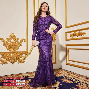 Prom Dresses Full Sleeve | Purple Round Neck Long Evening Dress | Long Sleeved Dress