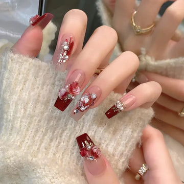 24 Rose Flower Nails | Long French Style Wearable False Nails Tips for Women