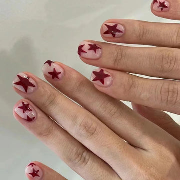 24 Star Designs On Nails | Red Five-pointed Star Designs Short Square Fake Nails